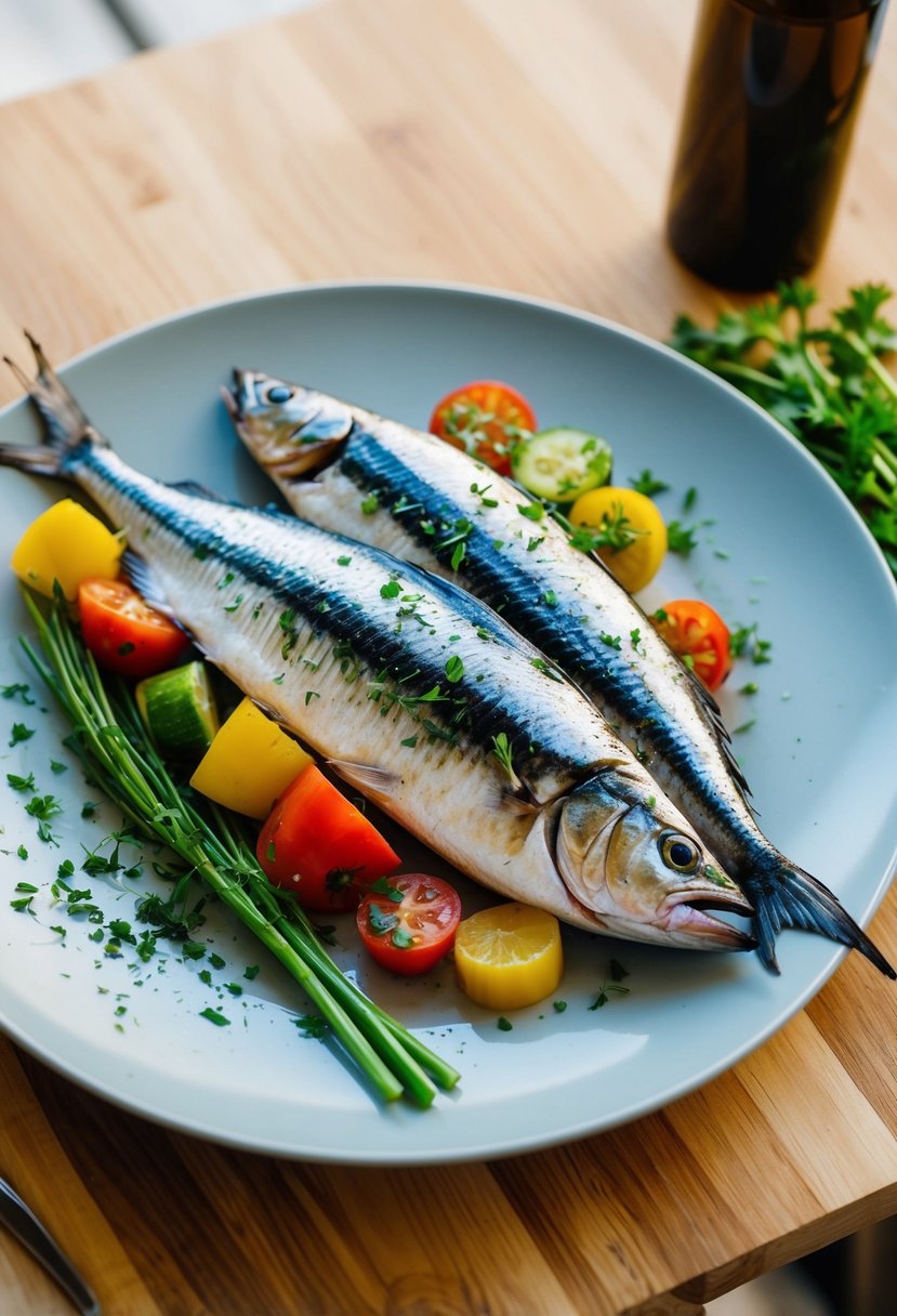 A plate of grilled mackerel fillets with colorful vegetables and a sprinkle of herbs