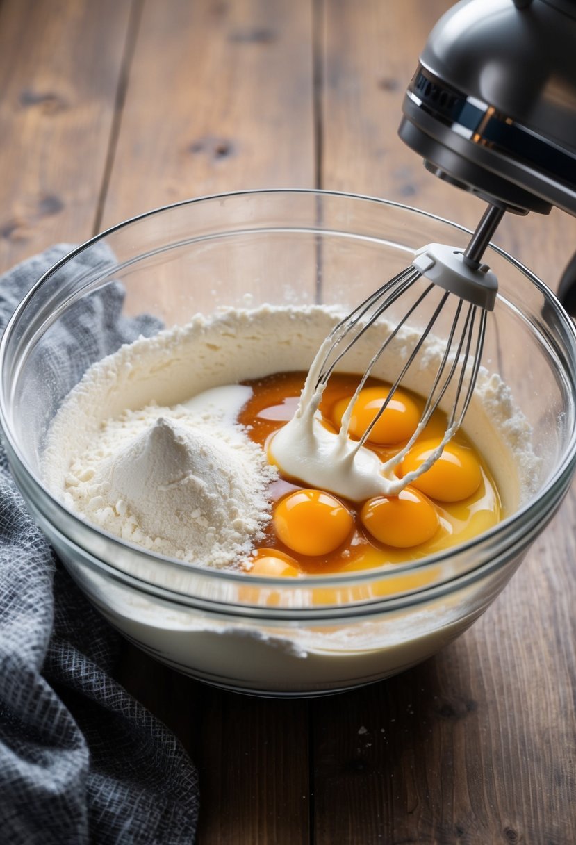 A mixing bowl filled with flour, sugar, eggs, and vanilla extract. A hand-held mixer blends the ingredients into a smooth batter