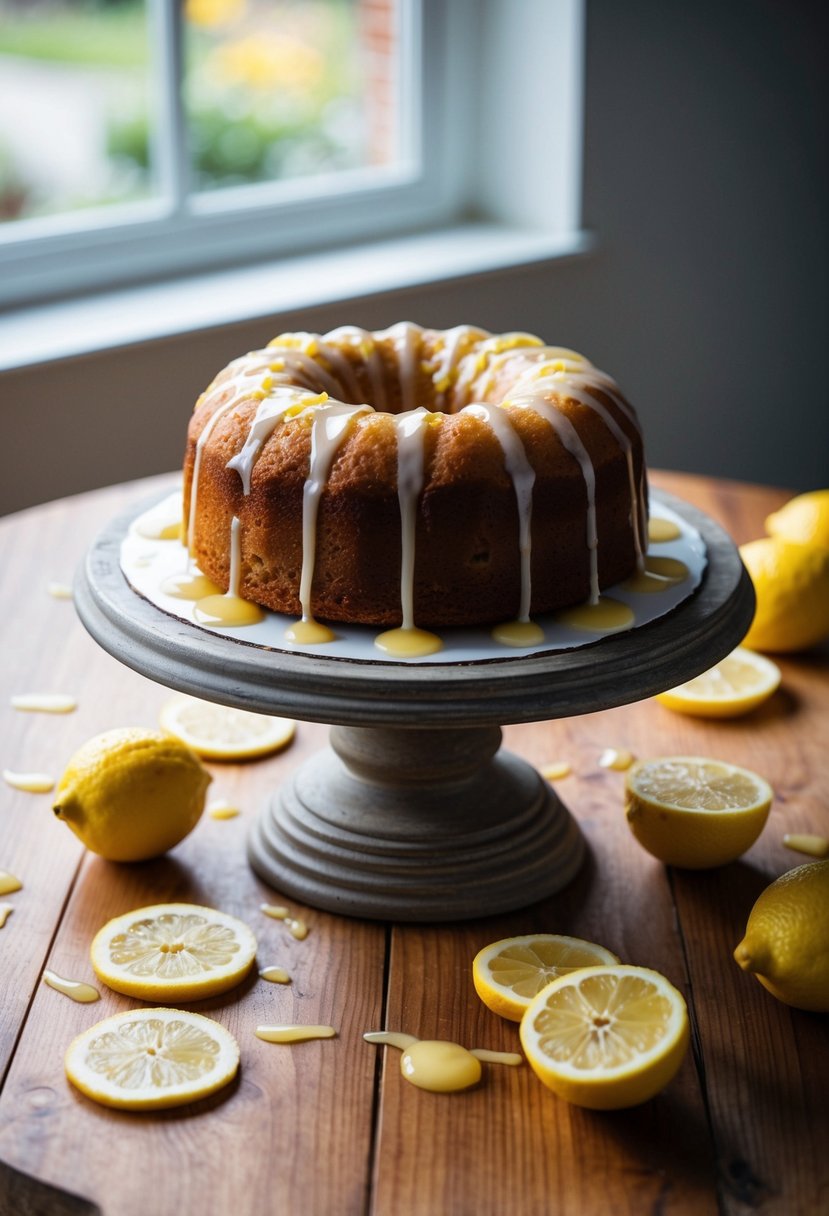 A wooden table with a freshly baked lemon drizzle cake sitting on a rustic cake stand, surrounded by scattered lemon slices and a drizzle of icing