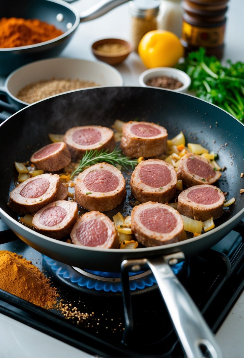 A sizzling pan with sliced lamb liver and onions cooking over a stove, surrounded by various ingredients and spices