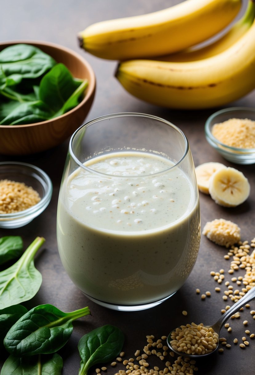 A glass of fortified soya milk smoothie surrounded by vitamin B12-rich ingredients like spinach, bananas, and fortified nutritional yeast