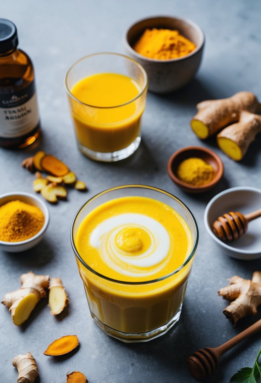 A glass of golden milk with a swirl of vitamin B12, surrounded by ingredients like turmeric, ginger, and honey