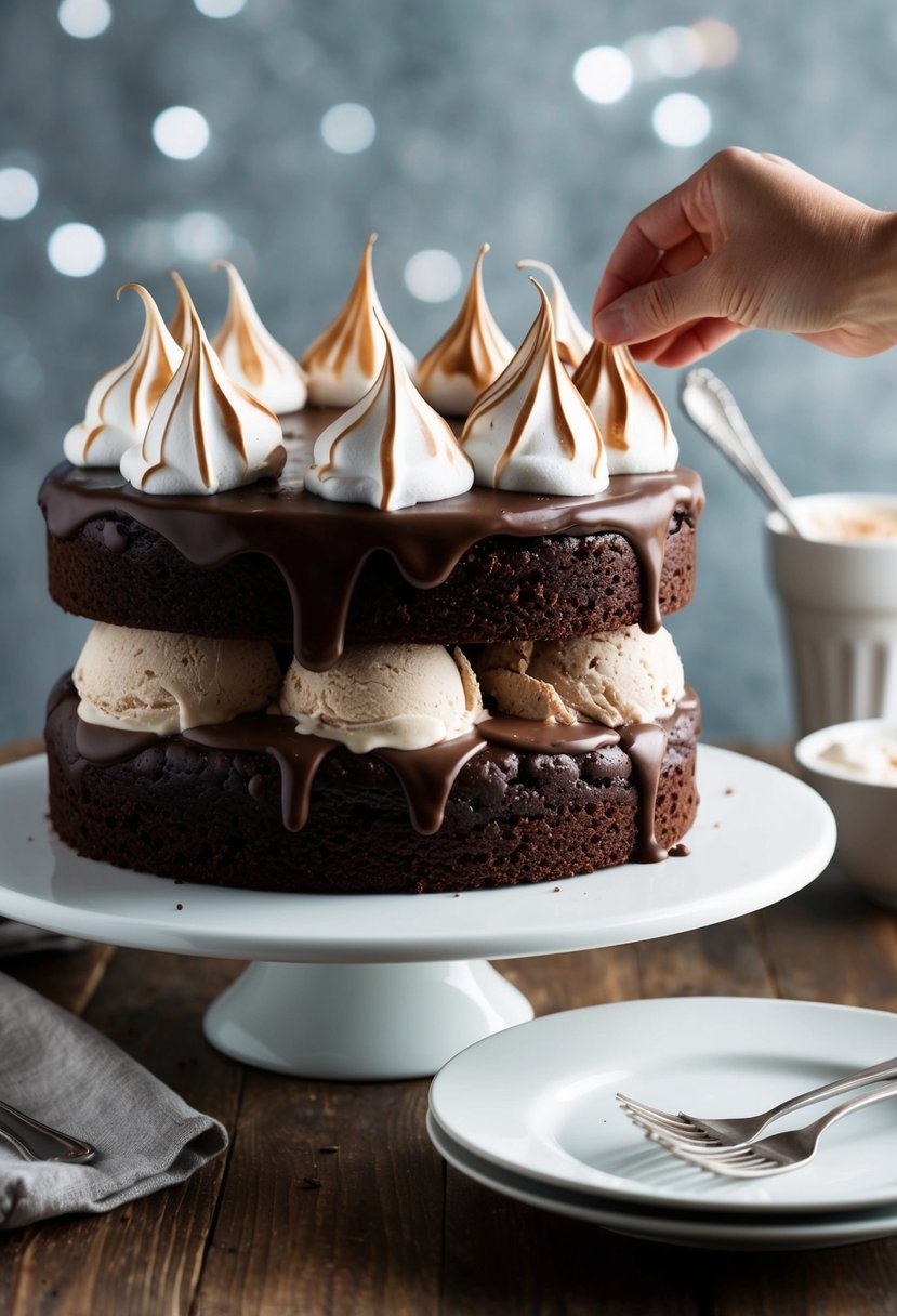 A decadent Chocolate Baked Alaska cake being prepared with layers of rich chocolate cake, creamy ice cream, and fluffy meringue topping