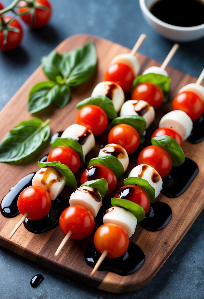 Skewered cherry tomatoes, mozzarella, and basil leaves on a wooden board with a drizzle of balsamic glaze