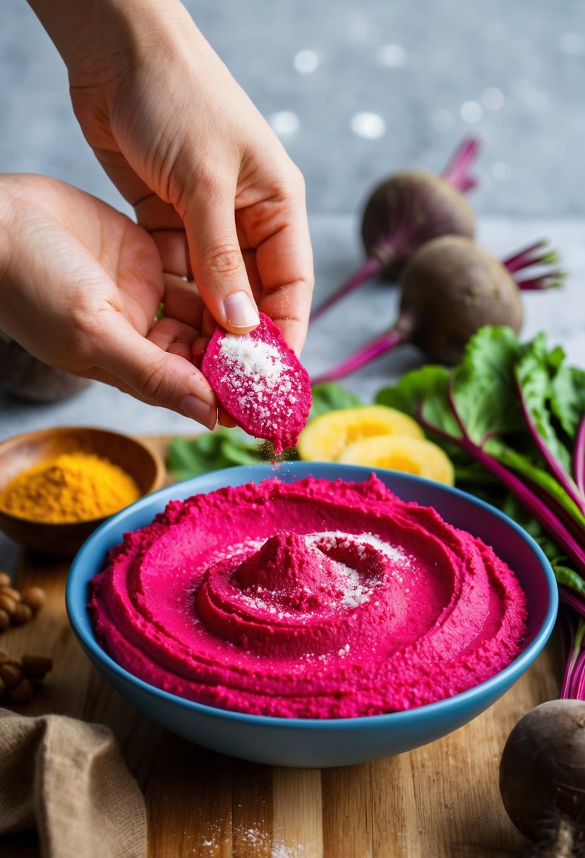 A vibrant beet hummus being prepared with fresh beets and a sprinkle of B12 supplement powder