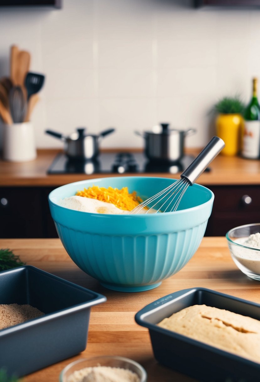 A mixing bowl with ingredients, a whisk, and a loaf pan on a kitchen counter