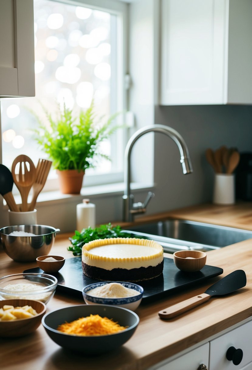 A kitchen counter with ingredients and utensils for making Japanese cheesecake