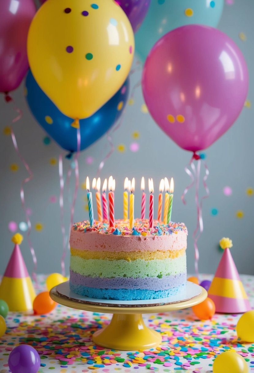 A colorful Funfetti Birthday Cake sits on a decorated table surrounded by confetti and balloons