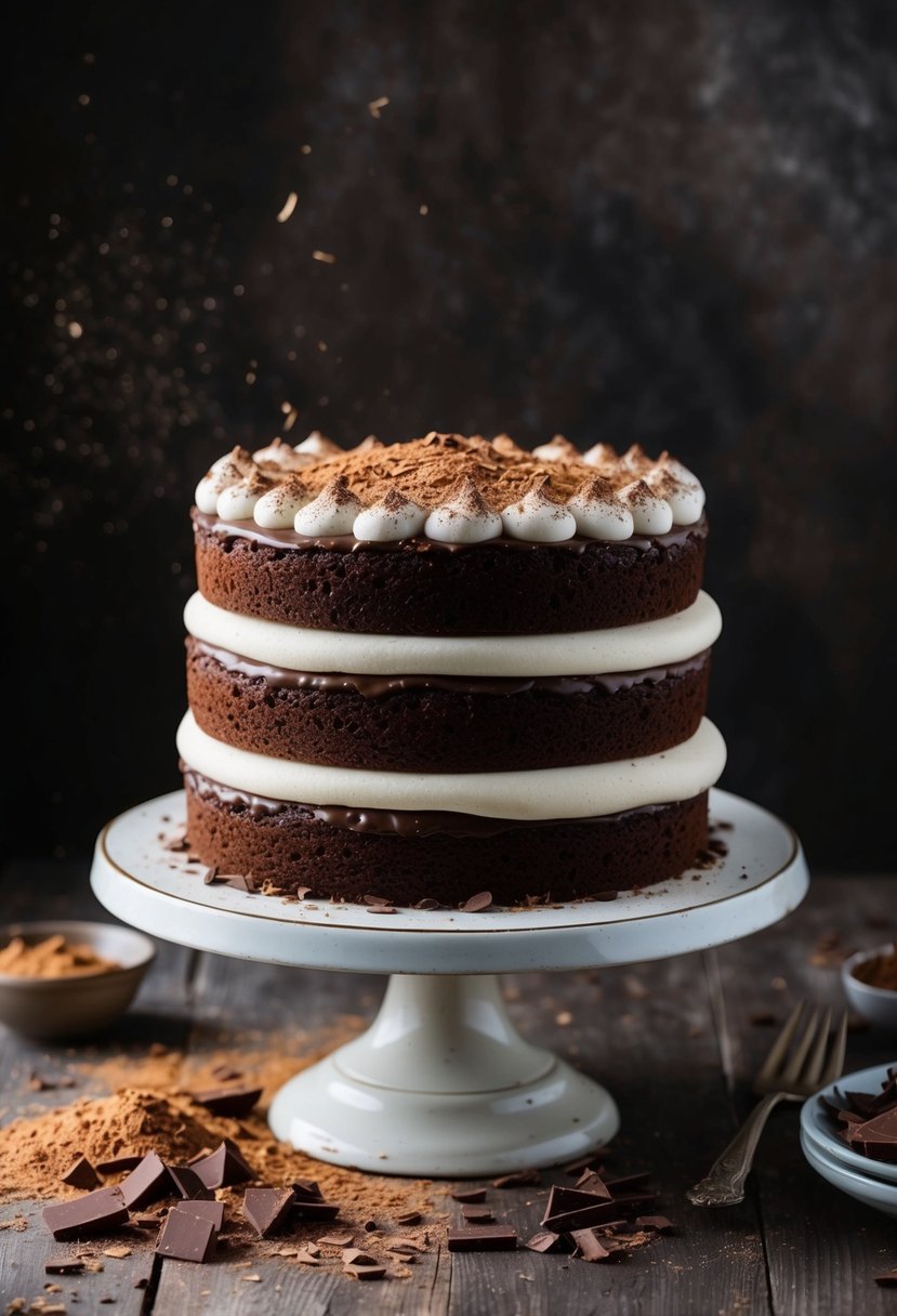 A decadent triple chocolate layer cake sits on a vintage cake stand, surrounded by scattered cocoa powder and chocolate shavings