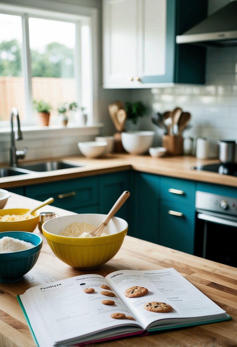 A kitchen counter covered in ingredients and mixing bowls, with a recipe book open to a page on cookie recipes