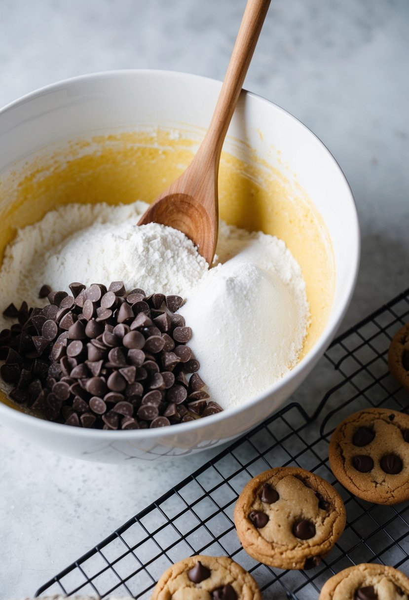 A mixing bowl filled with flour, sugar, and chocolate chips. A wooden spoon stirring the ingredients together. A tray of freshly baked cookies cooling on a wire rack