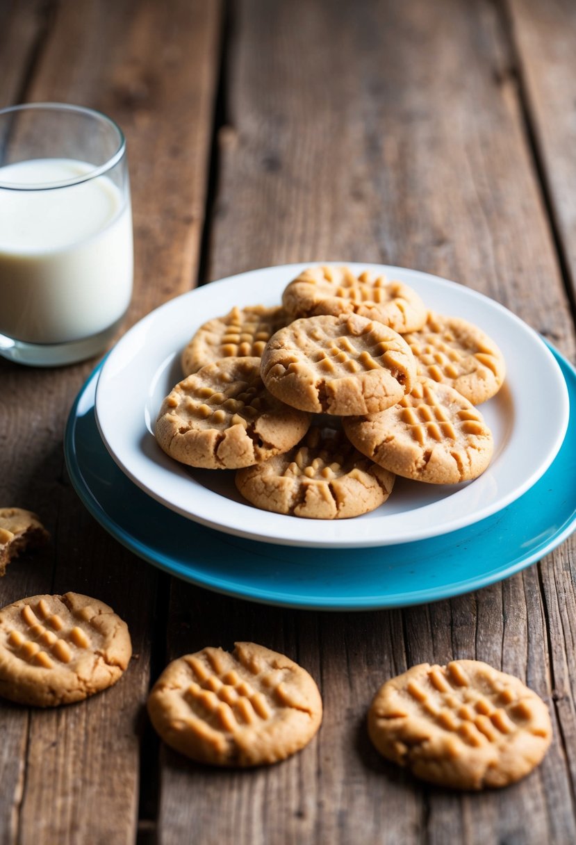 A plate of chewy peanut butter cookies on a rustic wooden table with a glass of milk beside it