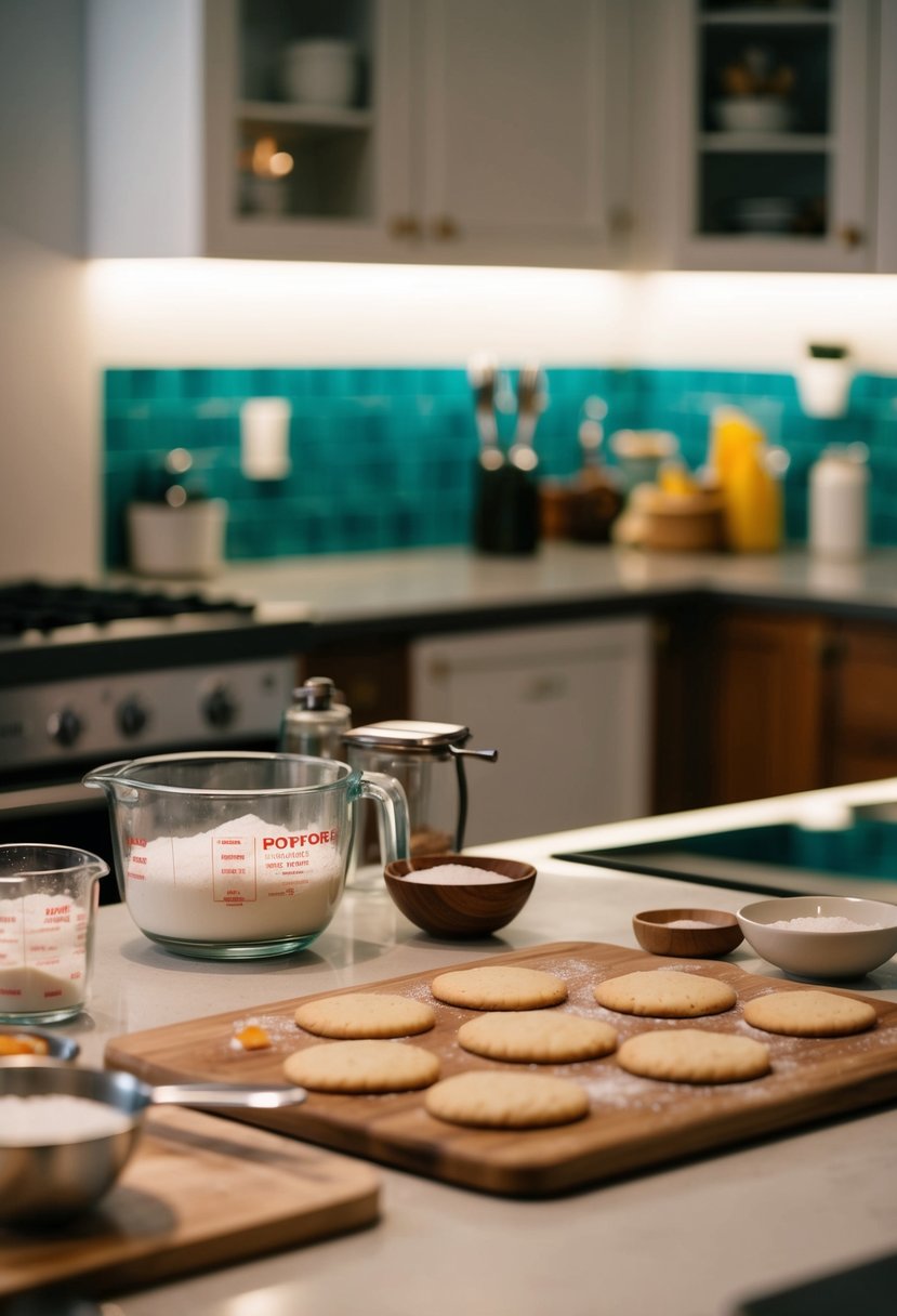 A kitchen counter with ingredients and utensils for making sugar cookies