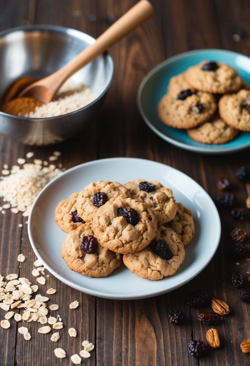 A wooden table with a plate of oatmeal raisin cookies, a mixing bowl, and scattered ingredients like oats, raisins, and cinnamon