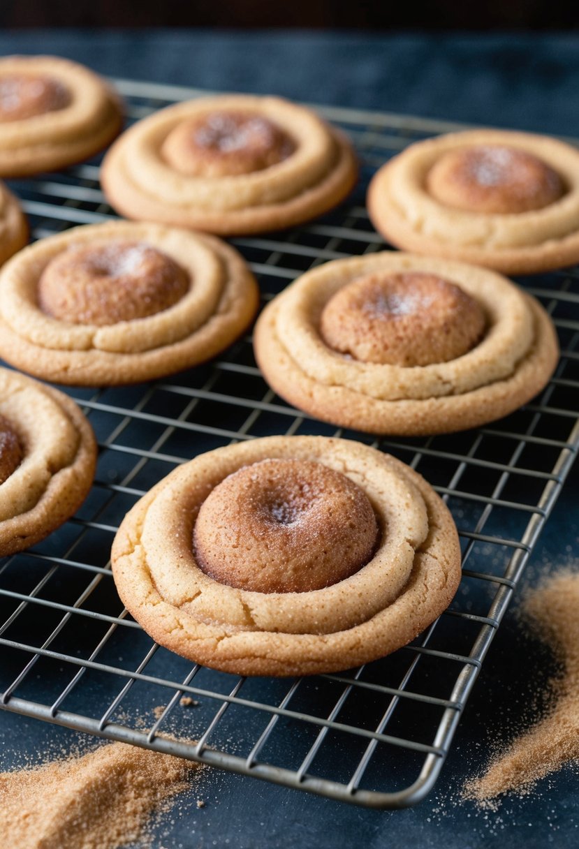 A warm batch of snickerdoodle cookies cooling on a wire rack, surrounded by cinnamon and sugar