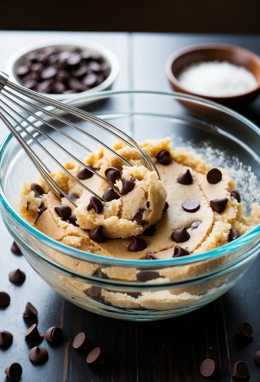 A glass mixing bowl filled with double chocolate chip cookie dough, surrounded by scattered chocolate chips and a wire whisk