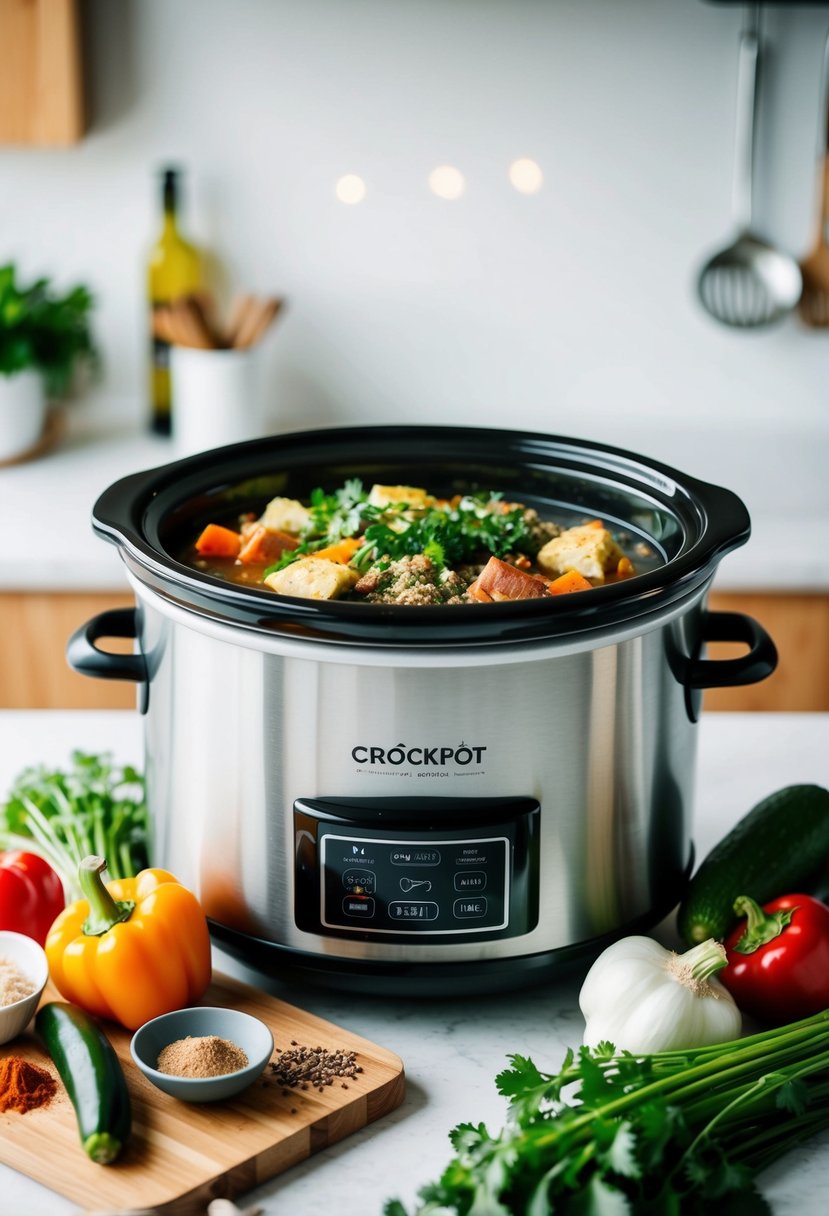 A crockpot filled with ingredients, surrounded by fresh vegetables and spices on a clean kitchen counter