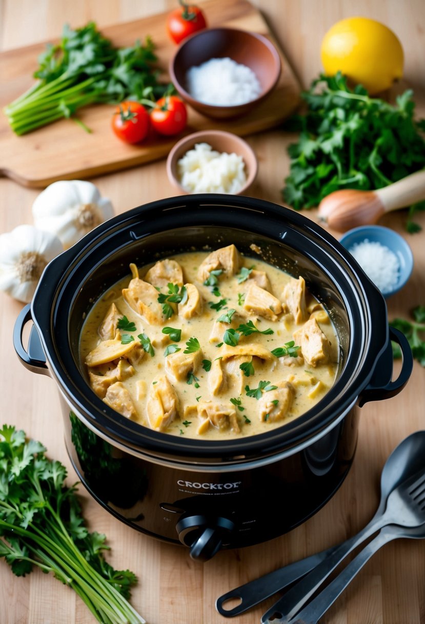 A crockpot filled with creamy chicken tetrazzini surrounded by fresh ingredients and kitchen utensils