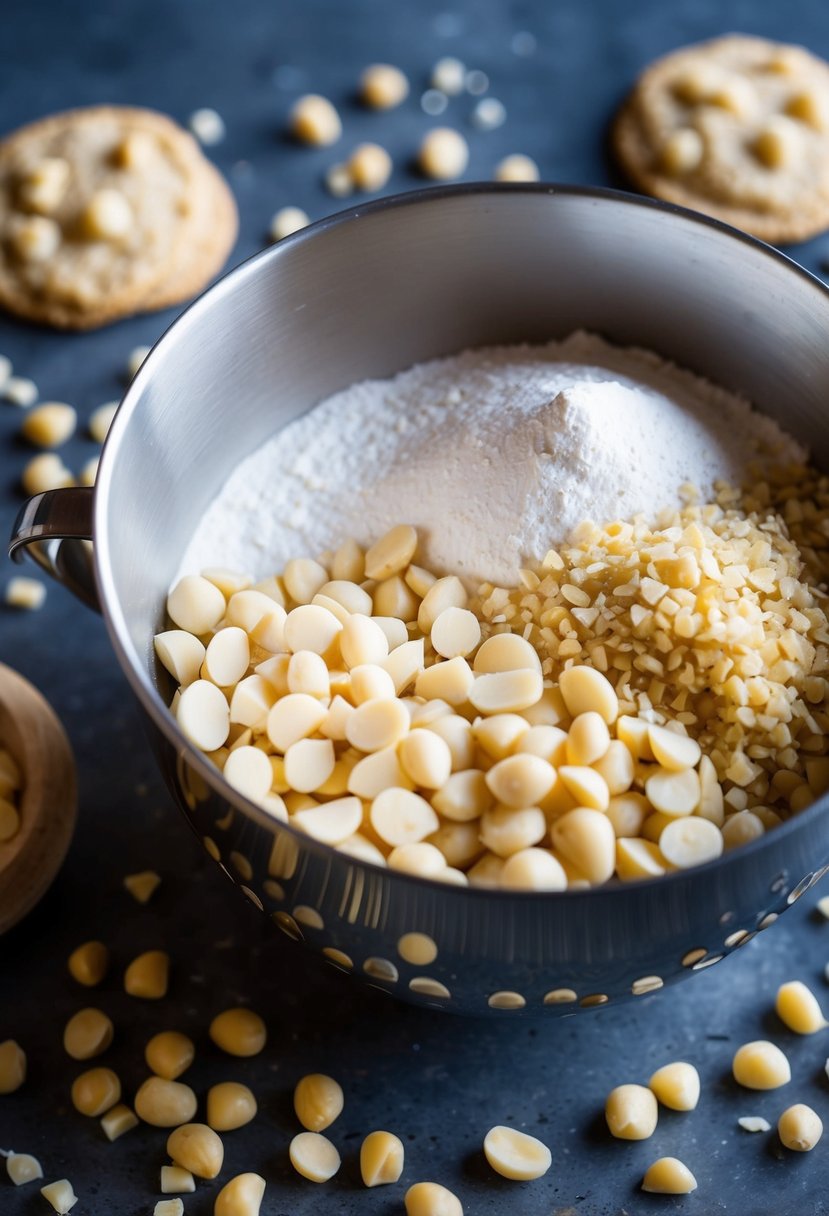 A mixing bowl filled with ingredients for White Chocolate Macadamia Nut Cookies, surrounded by scattered nuts and chocolate chunks