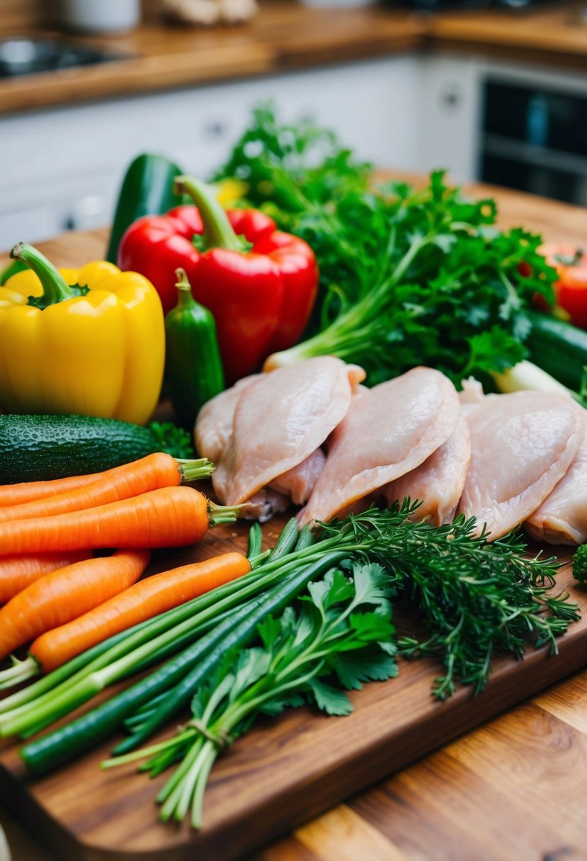 A colorful array of fresh vegetables, herbs, and raw chicken arranged on a wooden cutting board