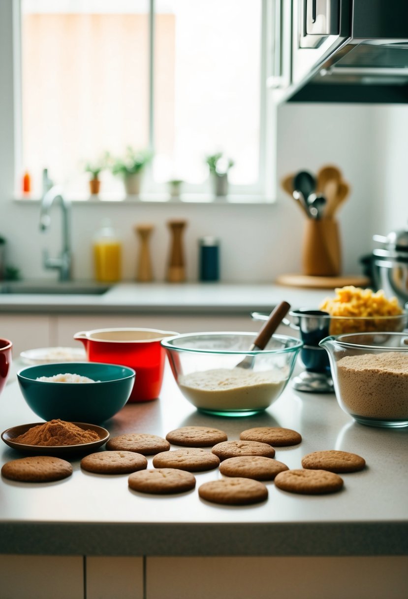 A kitchen counter with various ingredients and utensils for making gingerbread cookies