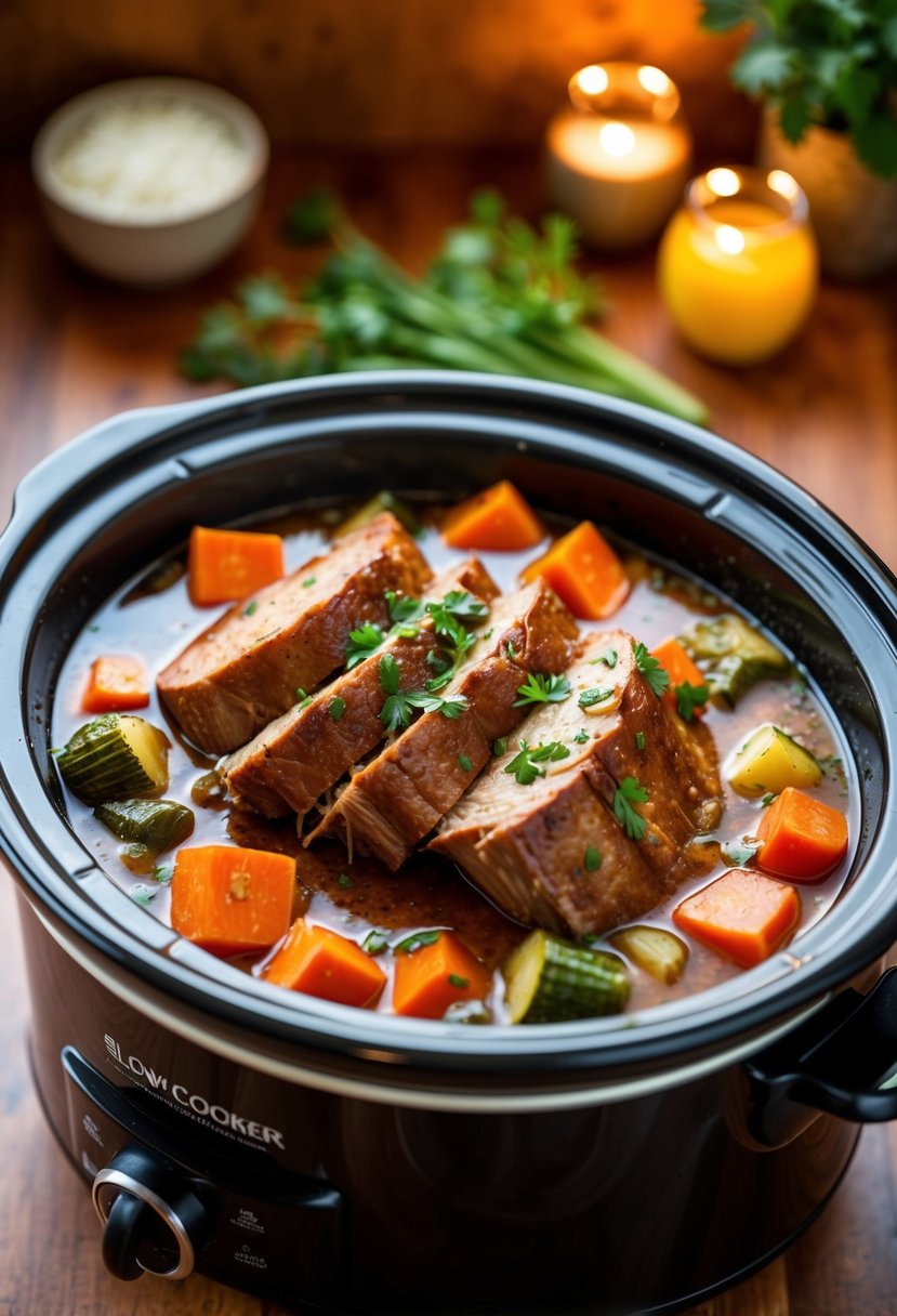 A slow cooker filled with savory pot roast surrounded by vegetables and simmering in a flavorful broth