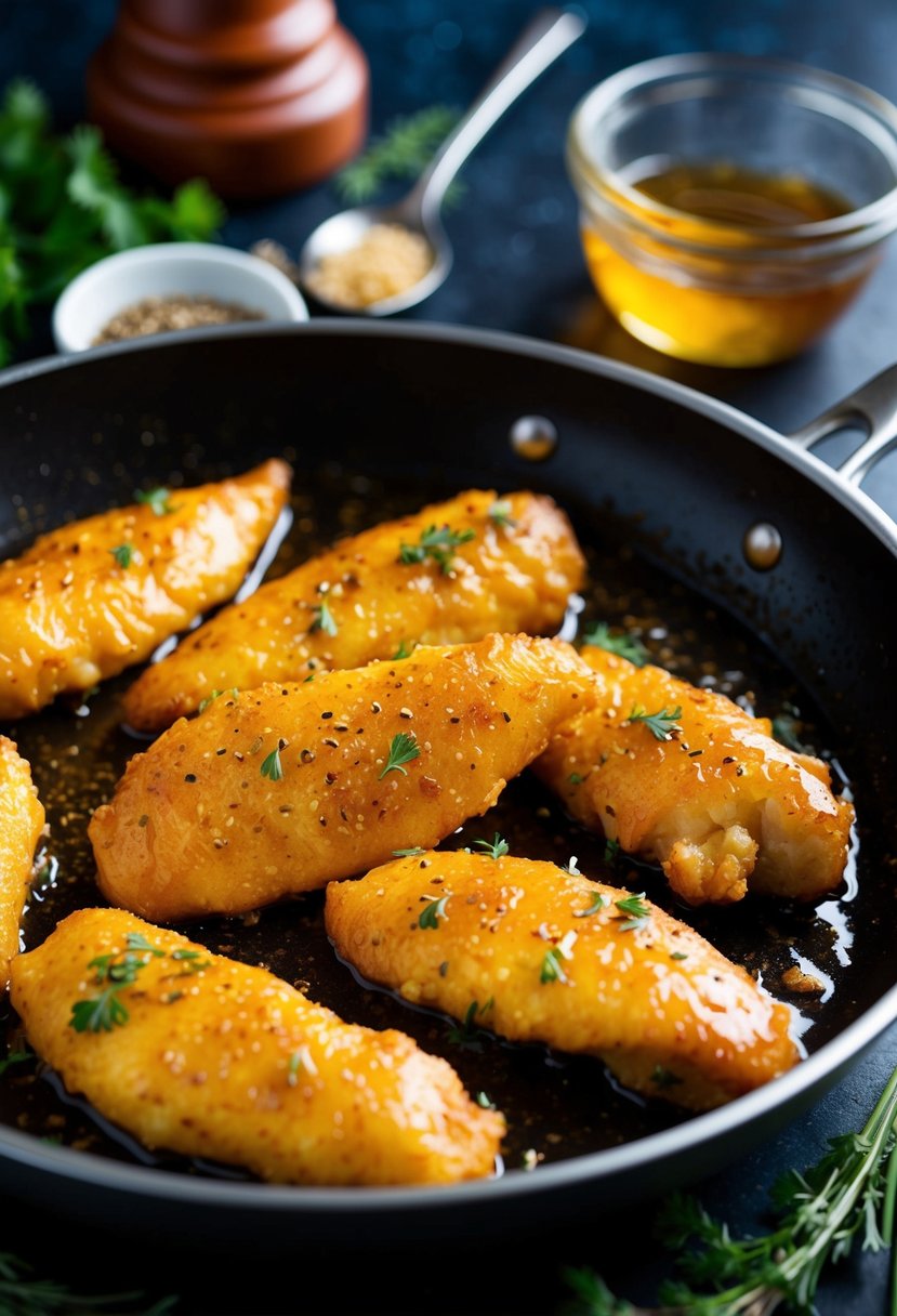 Golden chicken tenders sizzling in a honey garlic glaze, surrounded by fresh herbs and spices