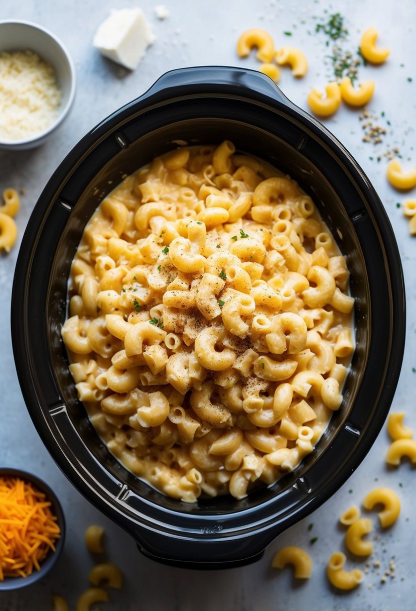 A crockpot filled with creamy mac and cheese, surrounded by scattered ingredients like cheese, pasta, and seasonings