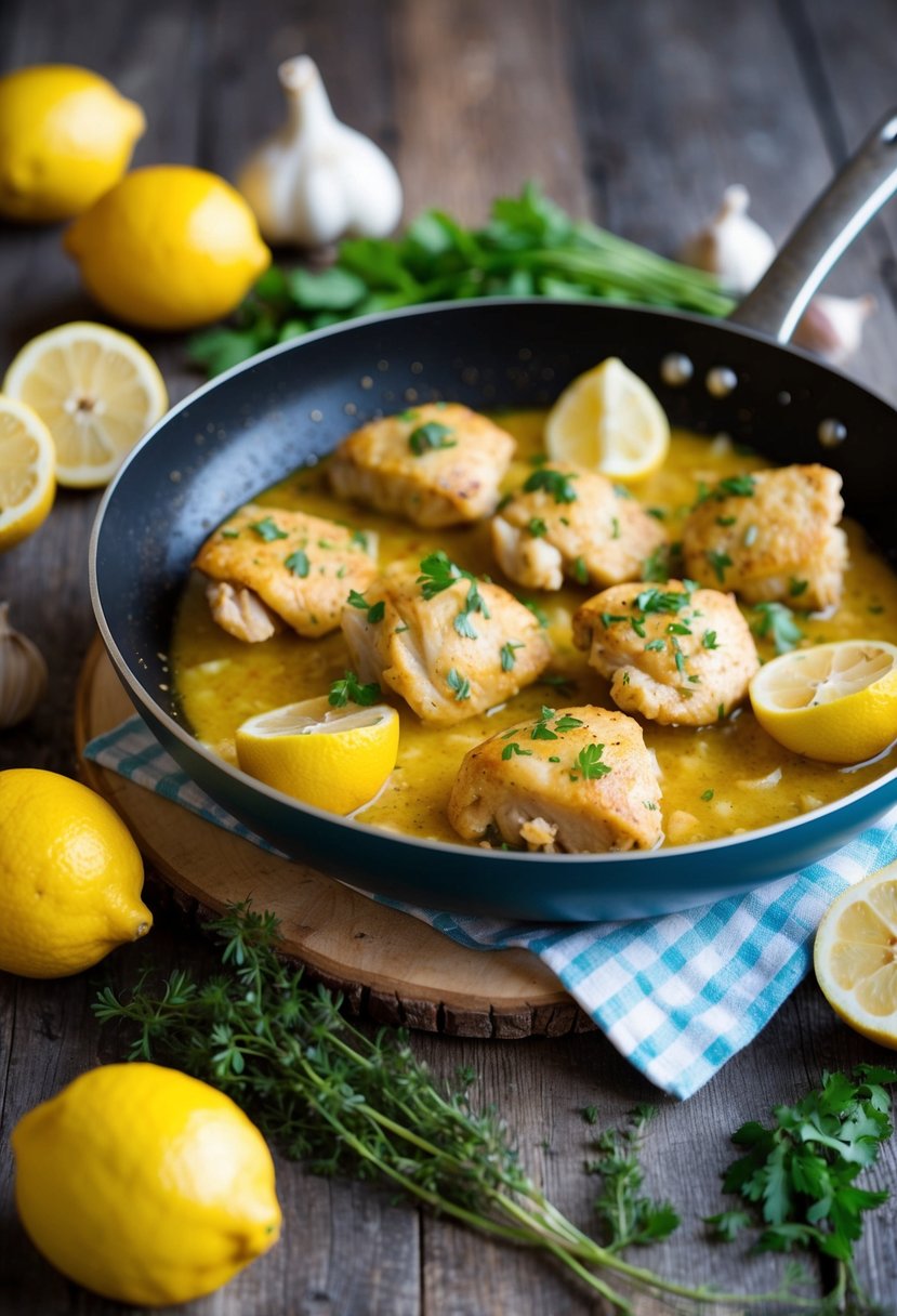 A sizzling pan of lemon chicken scampi, surrounded by fresh lemons, garlic, and herbs on a rustic wooden table