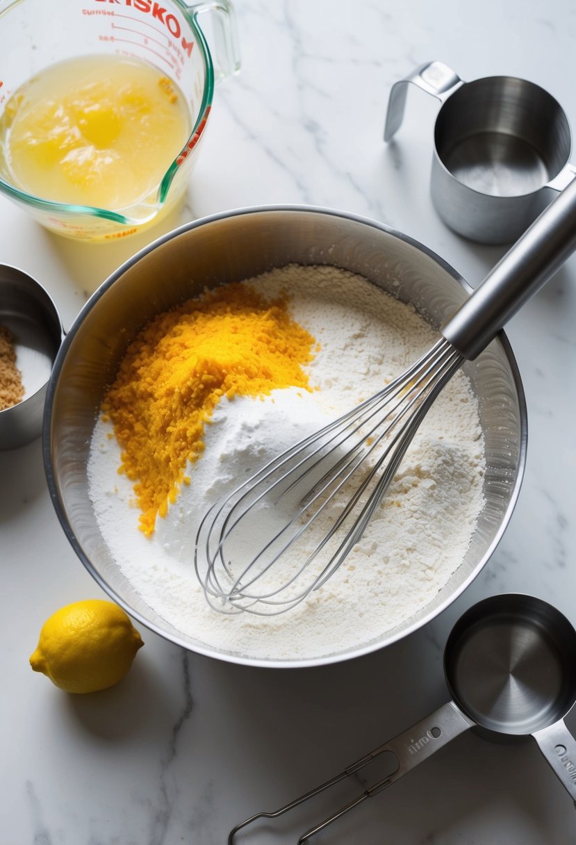 A mixing bowl filled with flour, sugar, and lemon zest, surrounded by measuring cups and a whisk