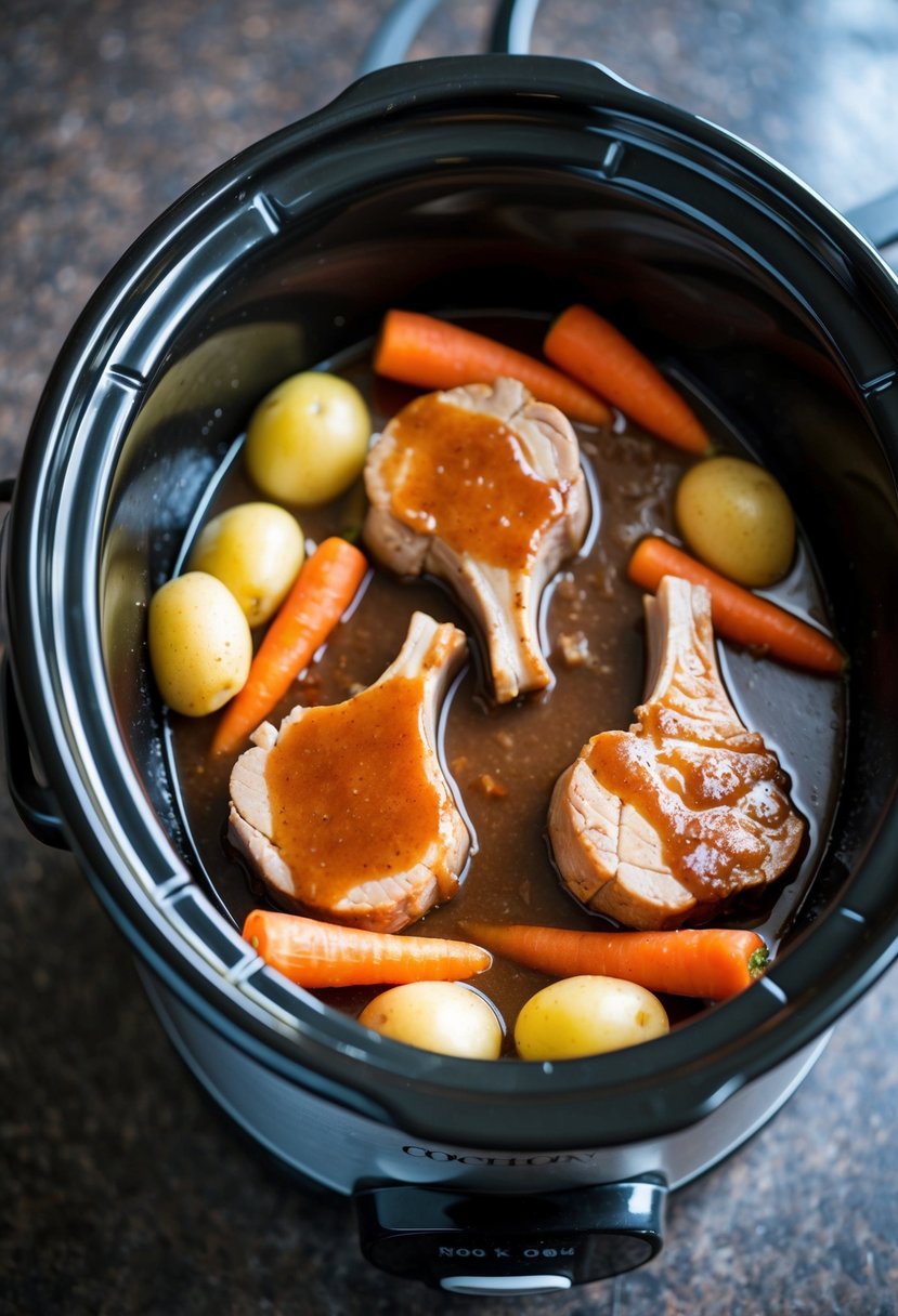 Pork chops simmer in a crockpot with a sweet glaze, surrounded by carrots and potatoes. The slow cooker sits on a kitchen counter, emitting a delicious aroma