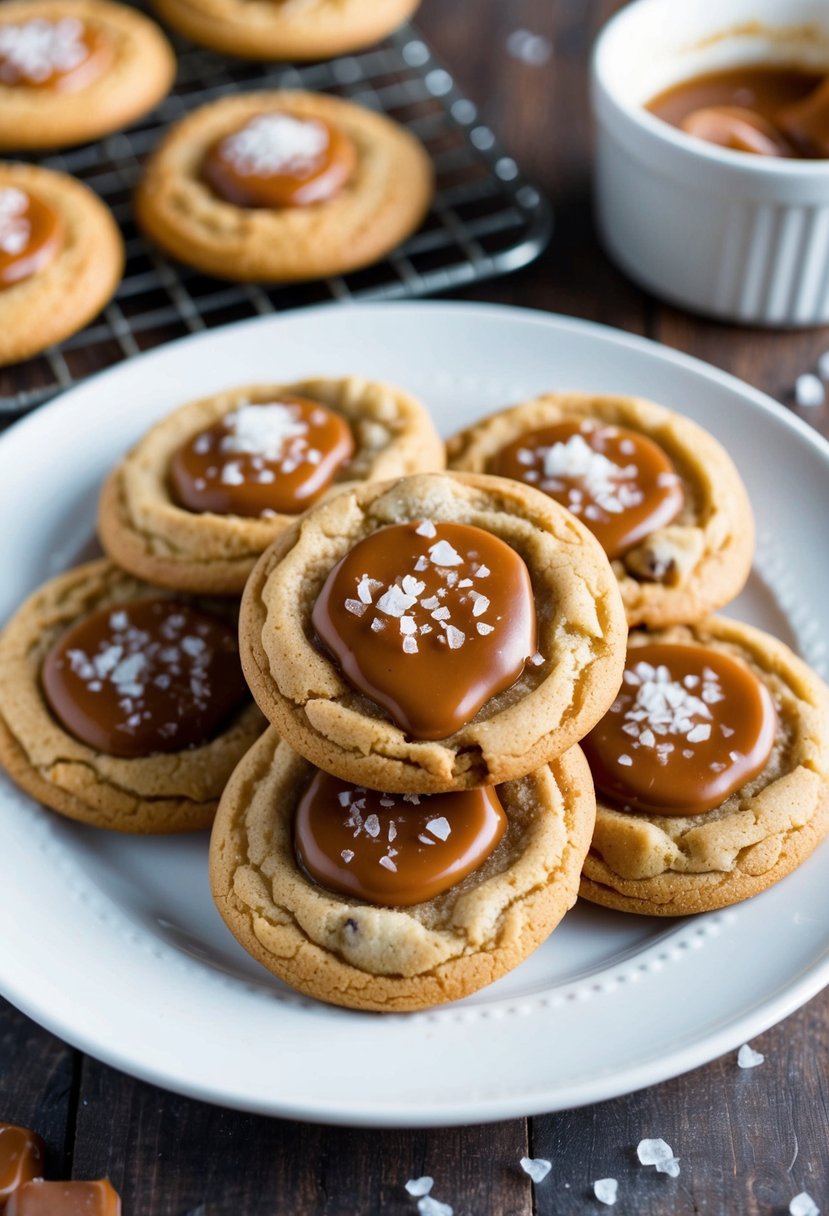 A plate of freshly baked salted caramel chocolate chip cookies on a cooling rack