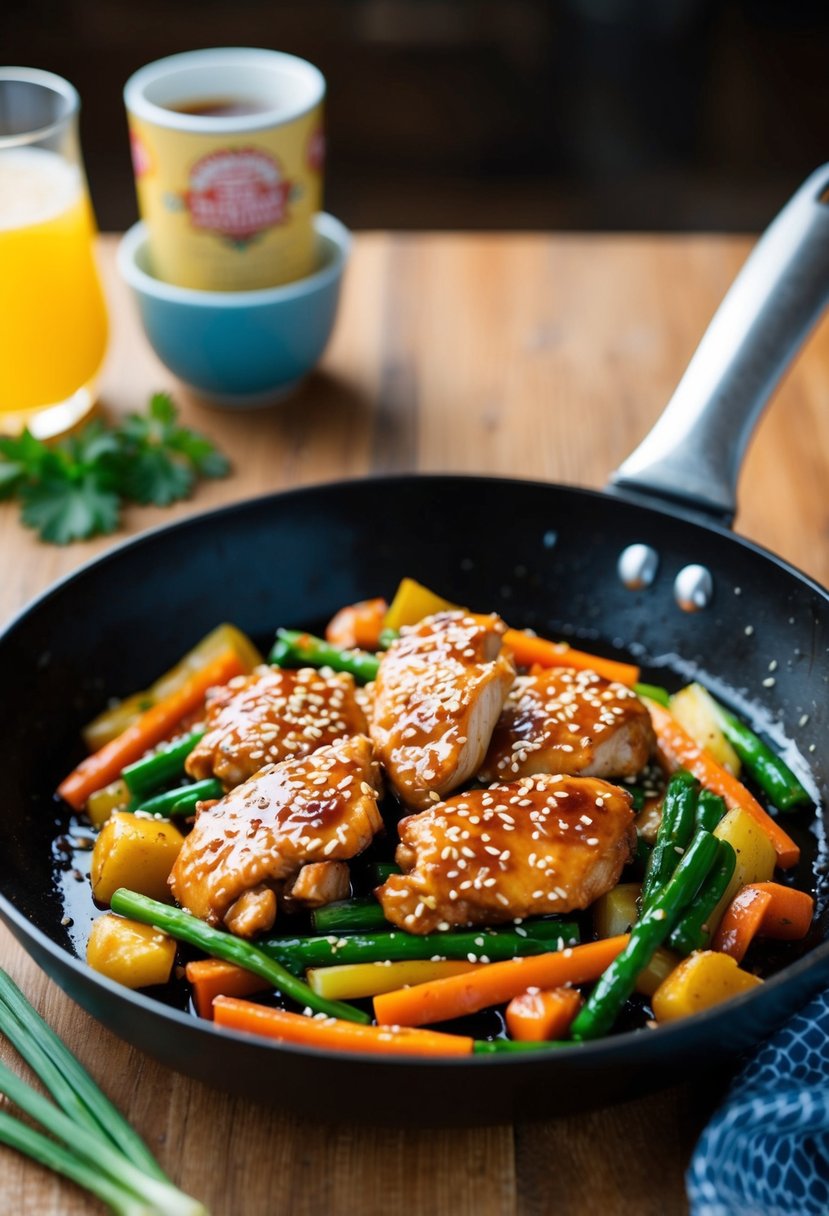 A sizzling skillet with teriyaki-glazed chicken, stir-fried with colorful vegetables and garnished with sesame seeds