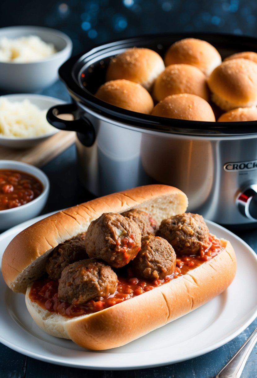 A crockpot filled with frozen meatballs, marinara sauce, and melted cheese on hoagie rolls