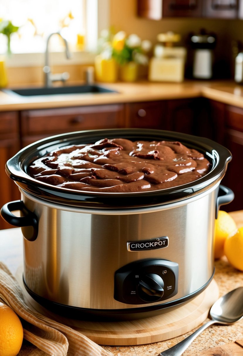 A crockpot filled with bubbling chocolate pudding cake, surrounded by a warm, inviting kitchen