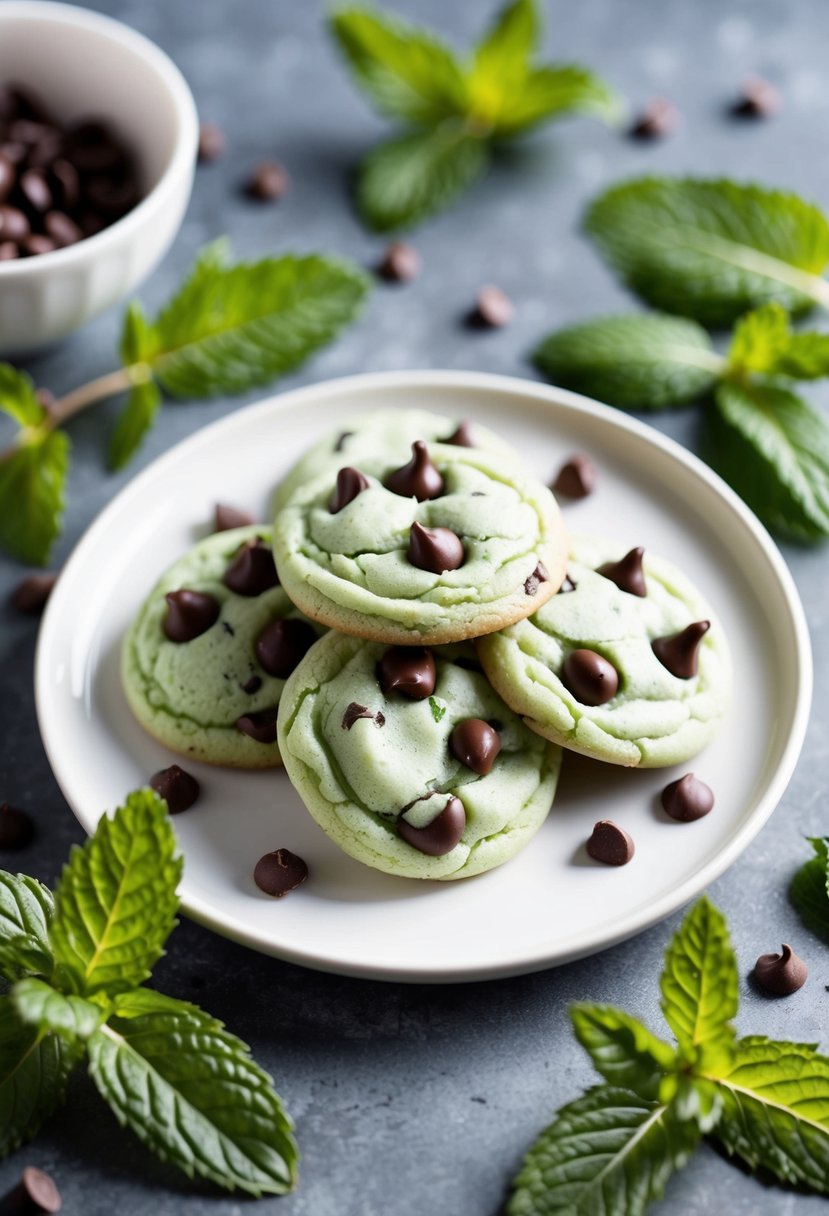 A plate of mint chocolate chip cookies surrounded by fresh mint leaves and chocolate chips