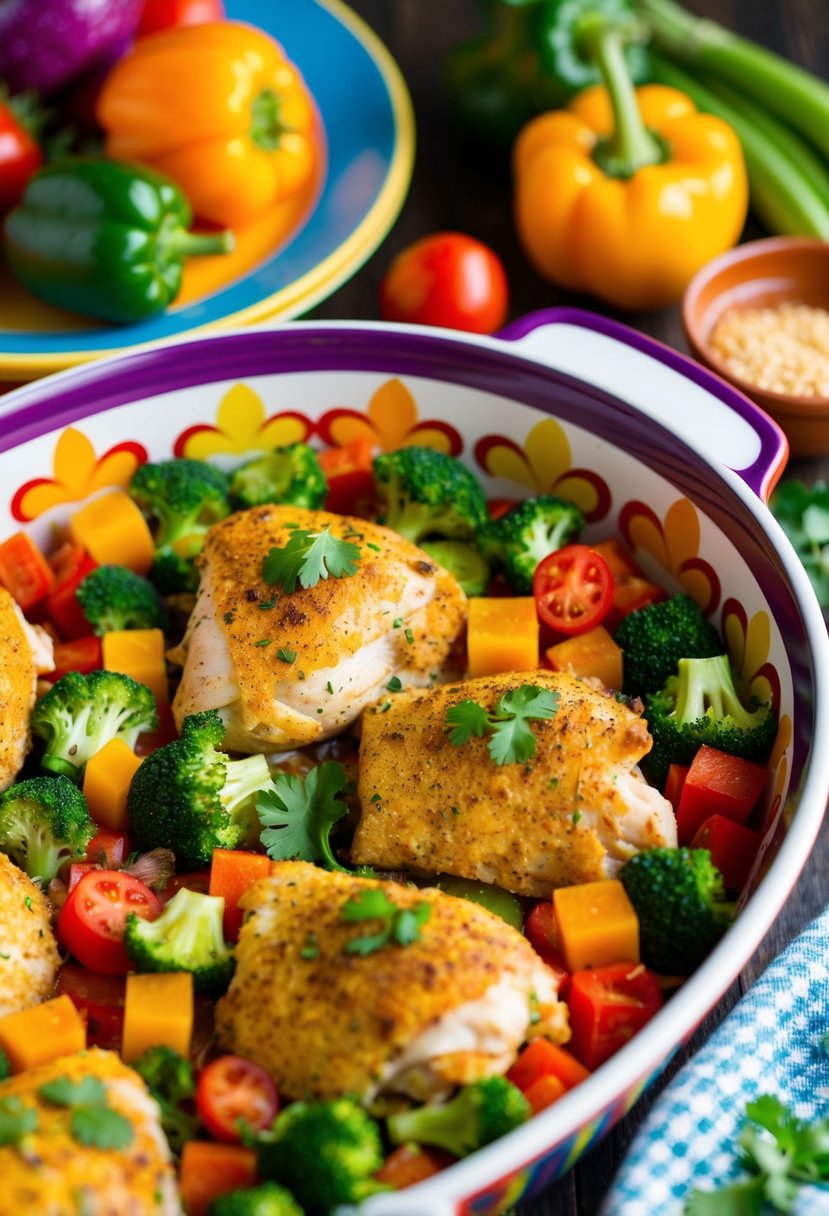 A colorful array of fresh vegetables and seasoned chicken baking in a vibrant fiesta-themed casserole dish