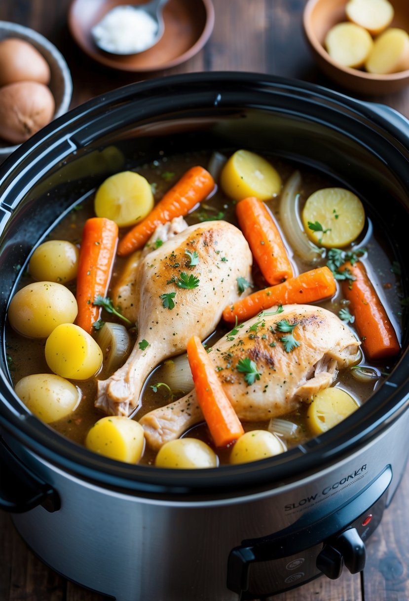 A slow cooker filled with chicken, carrots, potatoes, and onions simmering in a savory broth