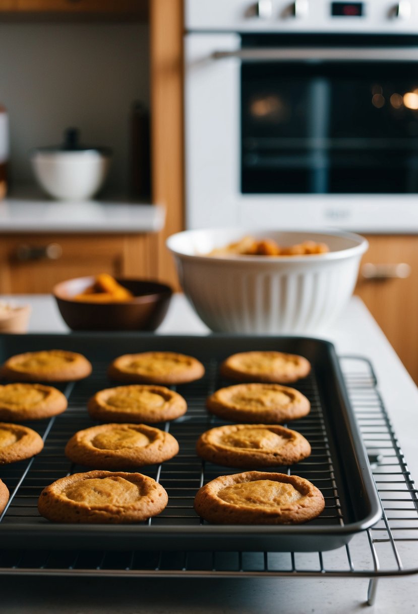 A cozy kitchen with a warm oven, a mixing bowl, and a tray of freshly baked pumpkin spice cookies cooling on a wire rack