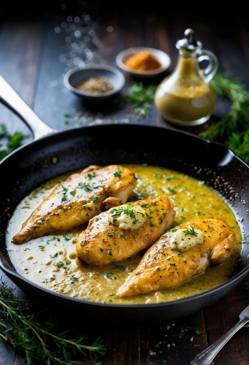 A sizzling skillet with juicy chicken breasts smothered in a rich garlic butter sauce, surrounded by aromatic herbs and spices