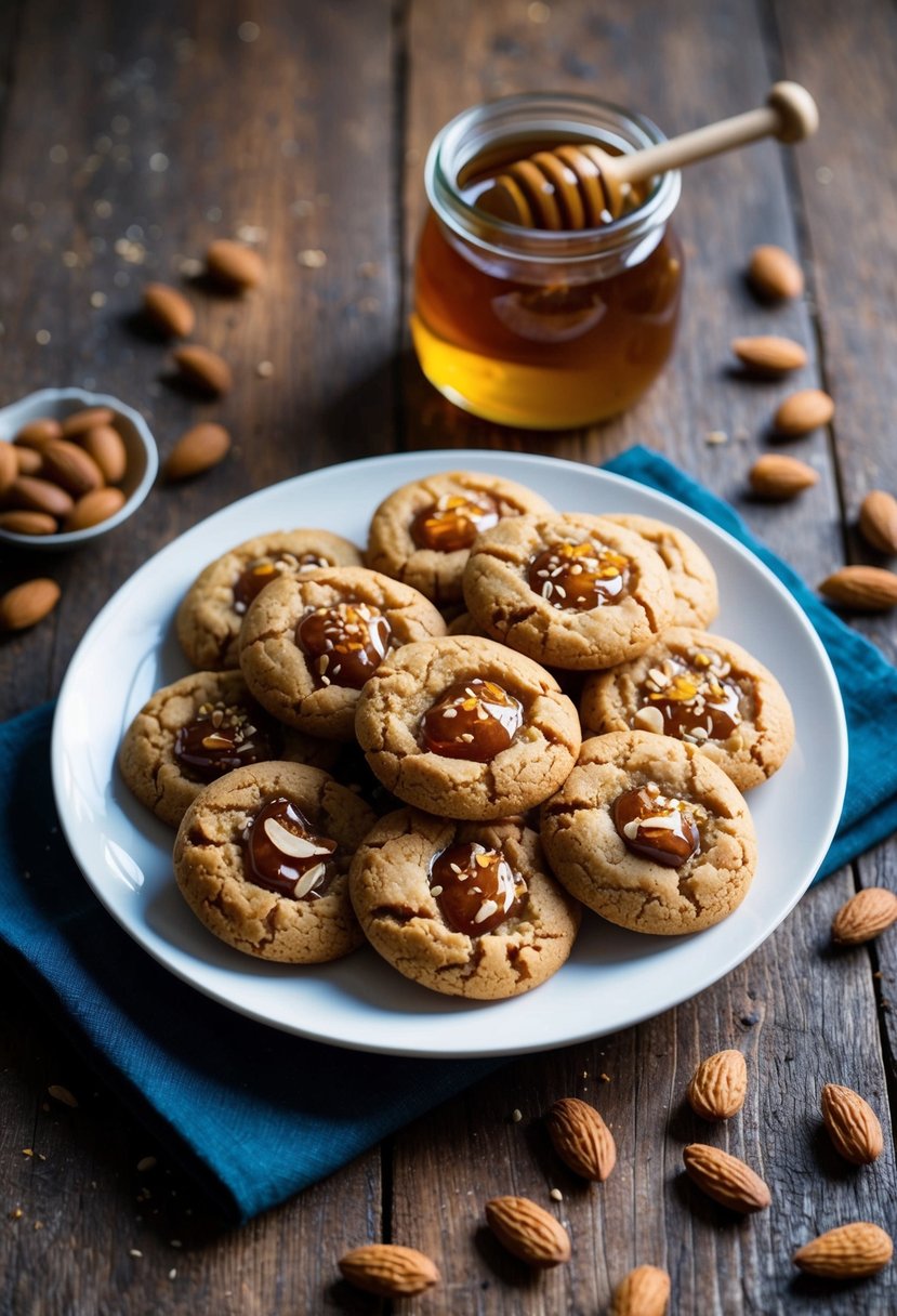 A plate of toffee almond cookies arranged on a rustic wooden table with scattered almonds and a jar of honey