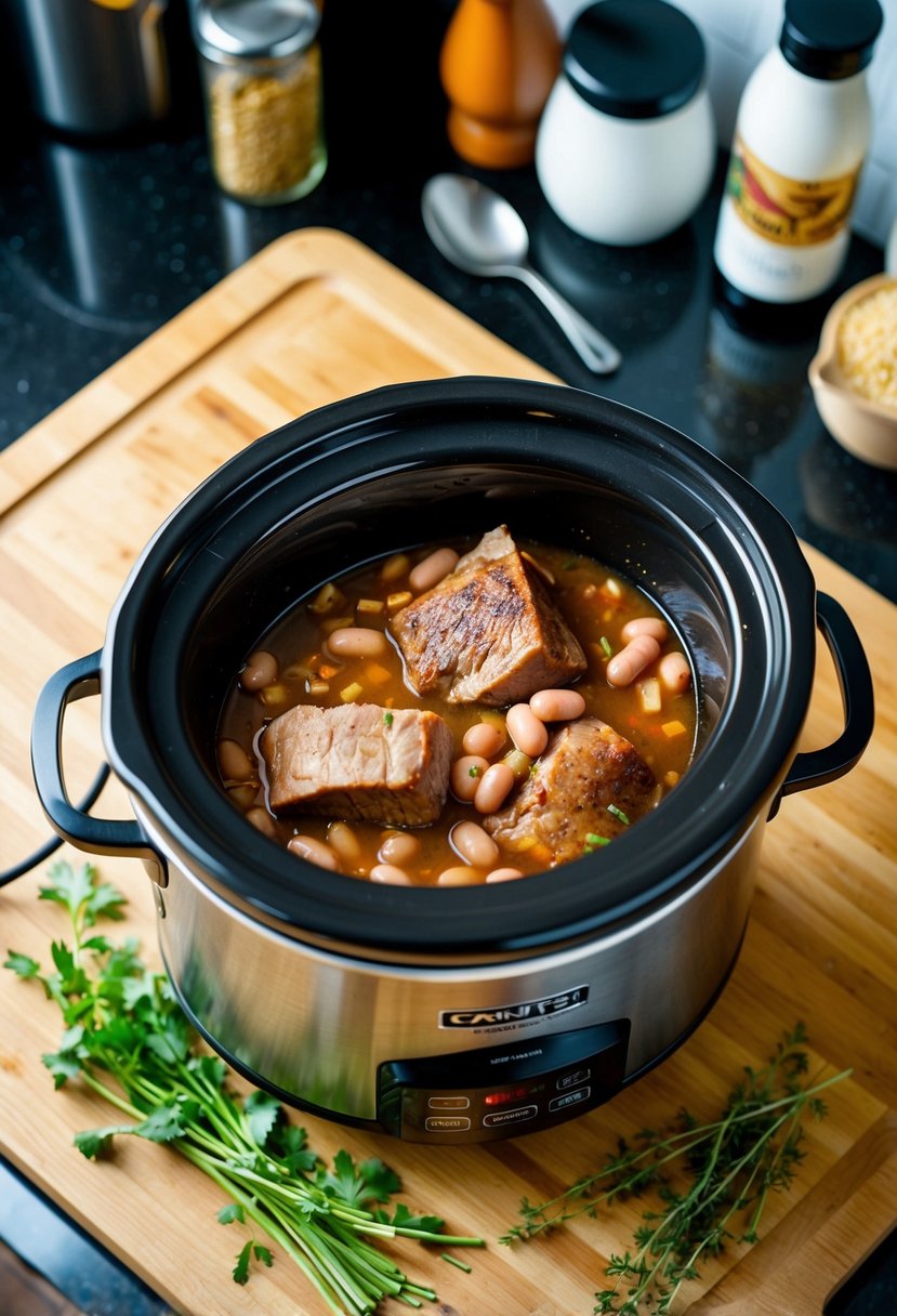 A crockpot filled with simmering pork, beans, and vegetables, surrounded by aromatic herbs and spices on a kitchen counter