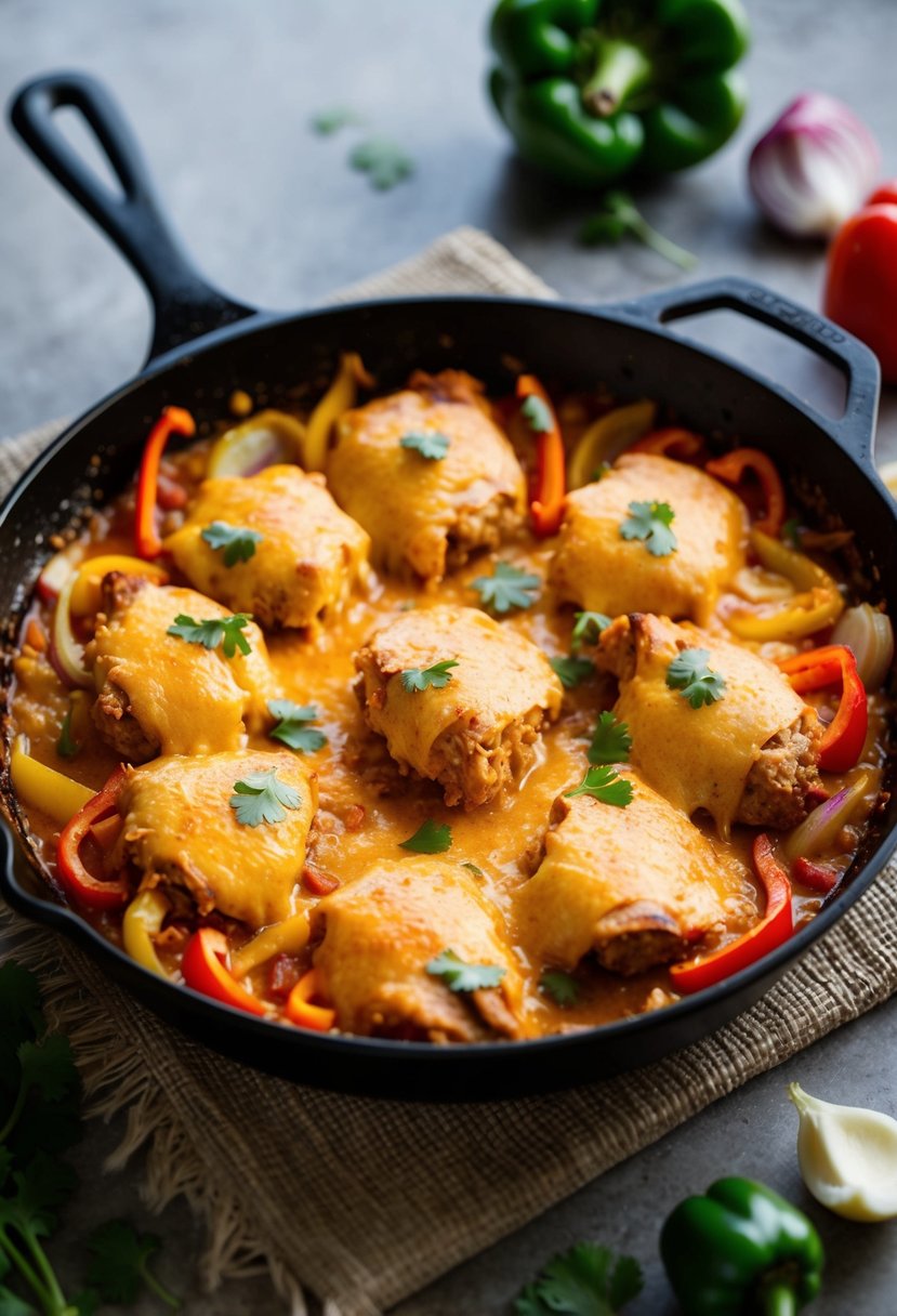 A sizzling skillet of cheesy chicken fajita casserole, with colorful peppers and onions, bubbling and golden brown from the oven