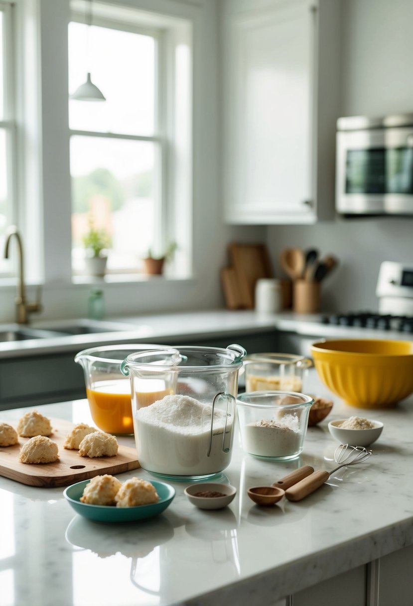 A kitchen counter with ingredients and utensils for making coconut macaroons