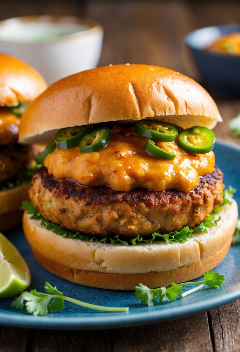 A sizzling masala chicken patty topped with spicy sauce and nestled between two golden burger buns