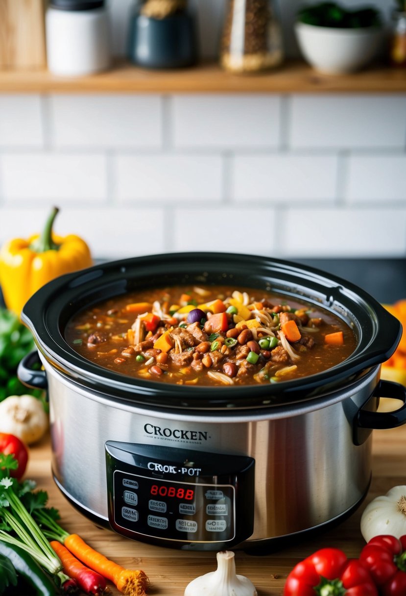 A bubbling Crock-Pot filled with hearty turkey chili, surrounded by colorful vegetables and spices on a kitchen counter