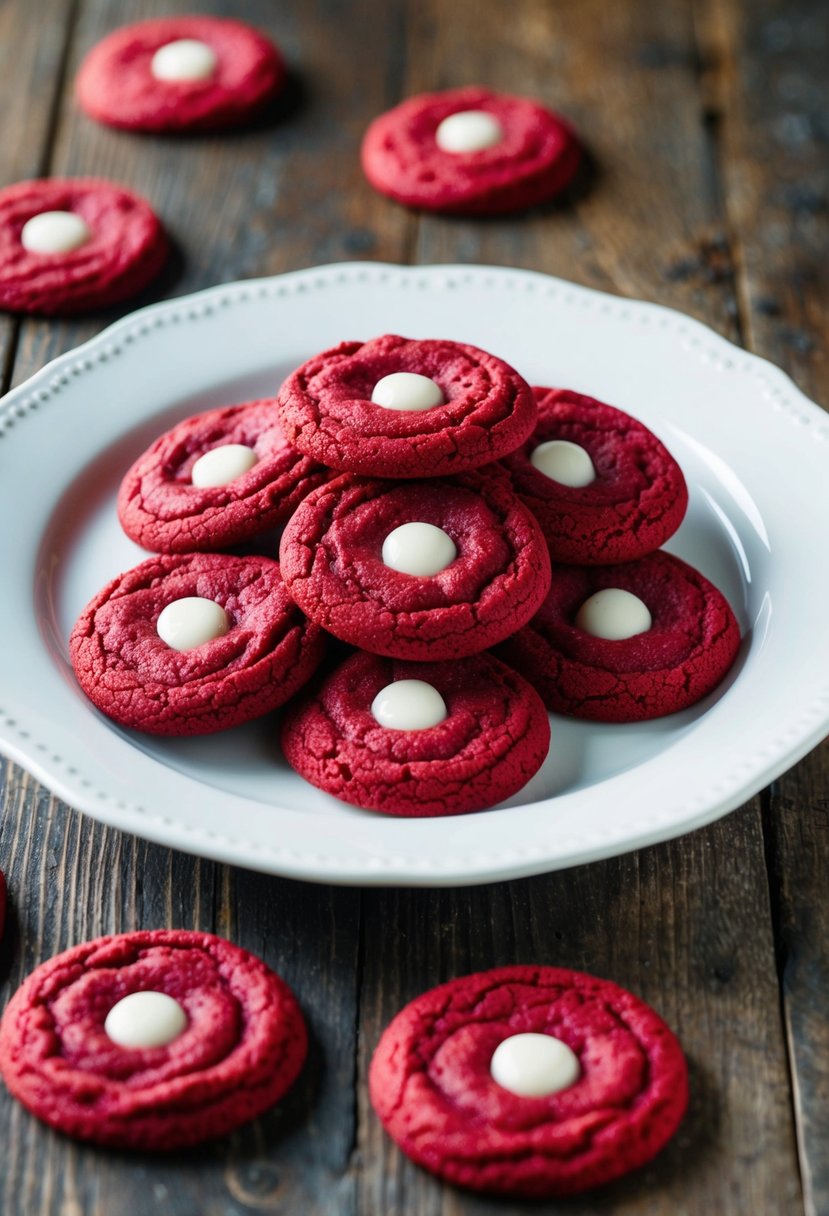 A plate of freshly baked red velvet cookies on a rustic wooden table