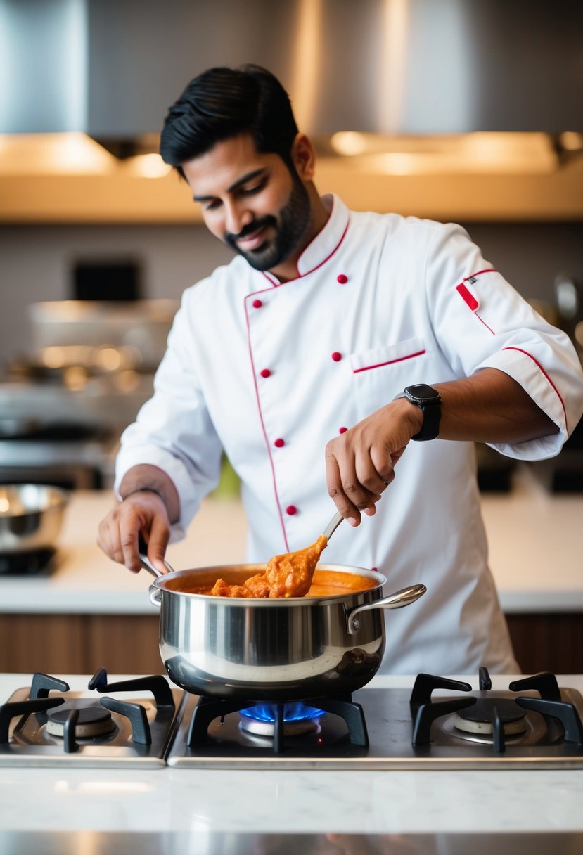 A chef stirring a pot of Chicken Tikka Masala over a stovetop