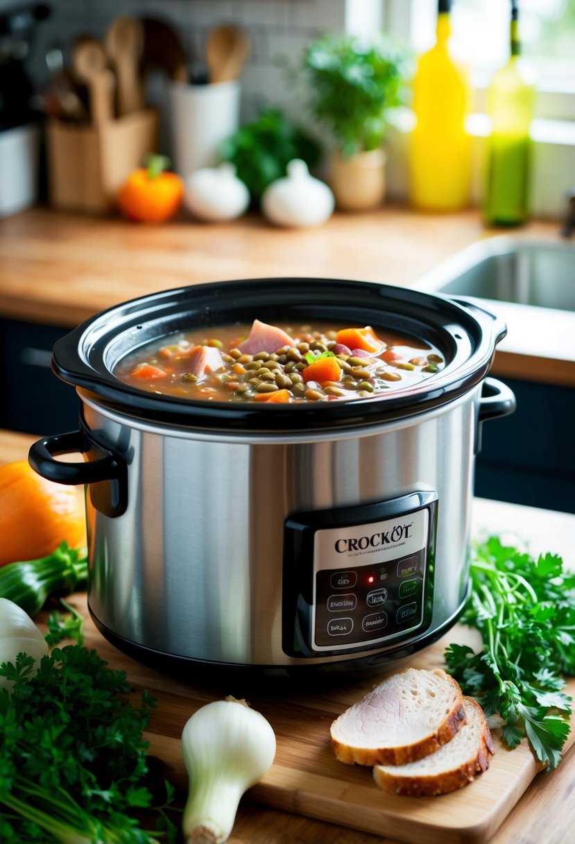 A crockpot filled with simmering ham and lentil soup, surrounded by fresh vegetables and herbs on a kitchen counter