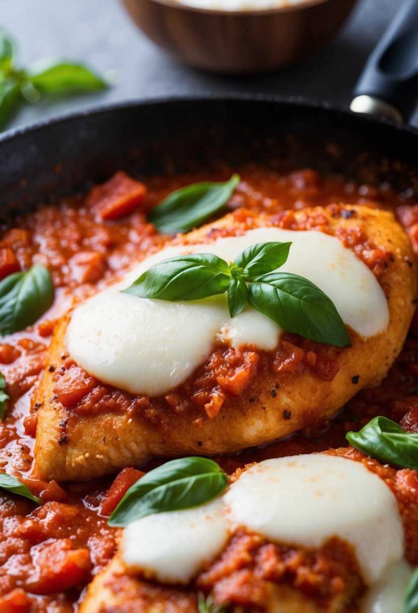 A sizzling chicken parmesan cooks in a bubbling tomato sauce, topped with melted mozzarella and fresh basil